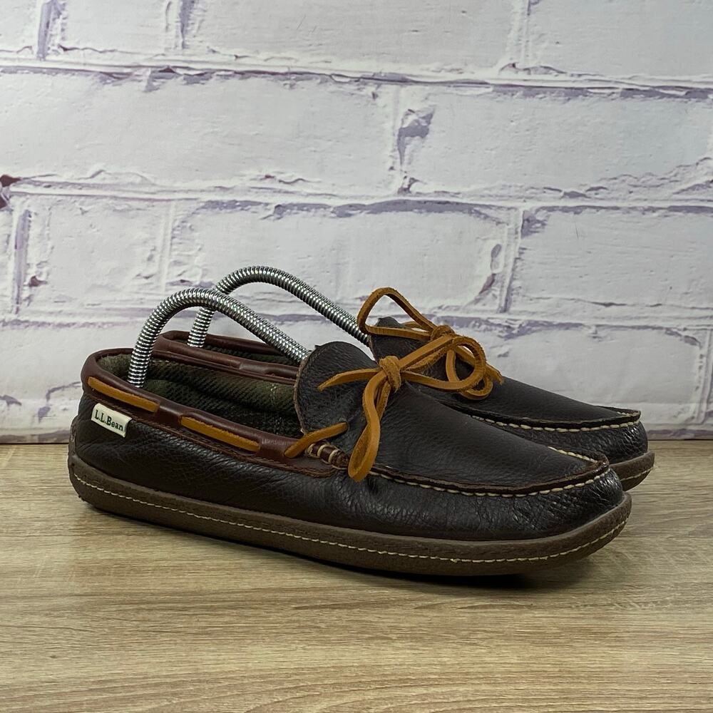 LL Bean Handsewn Brown Flannel Lined Slippers Men's Size 8 M Slip On Shoes